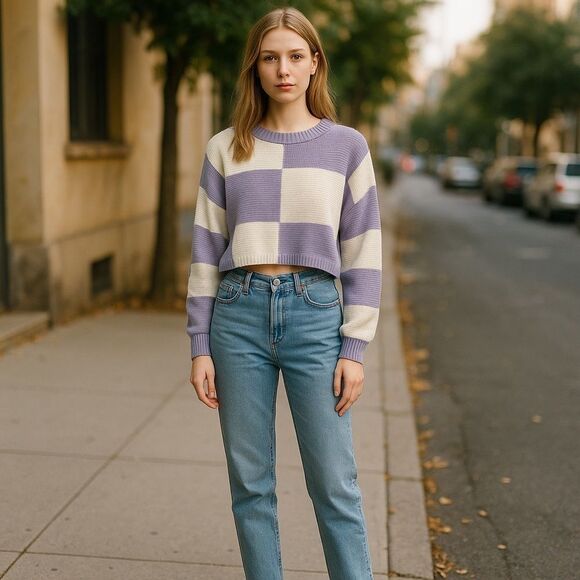 Jessica Simpson Colorblock Sweater in Lavender and White - Picture 1 of 4